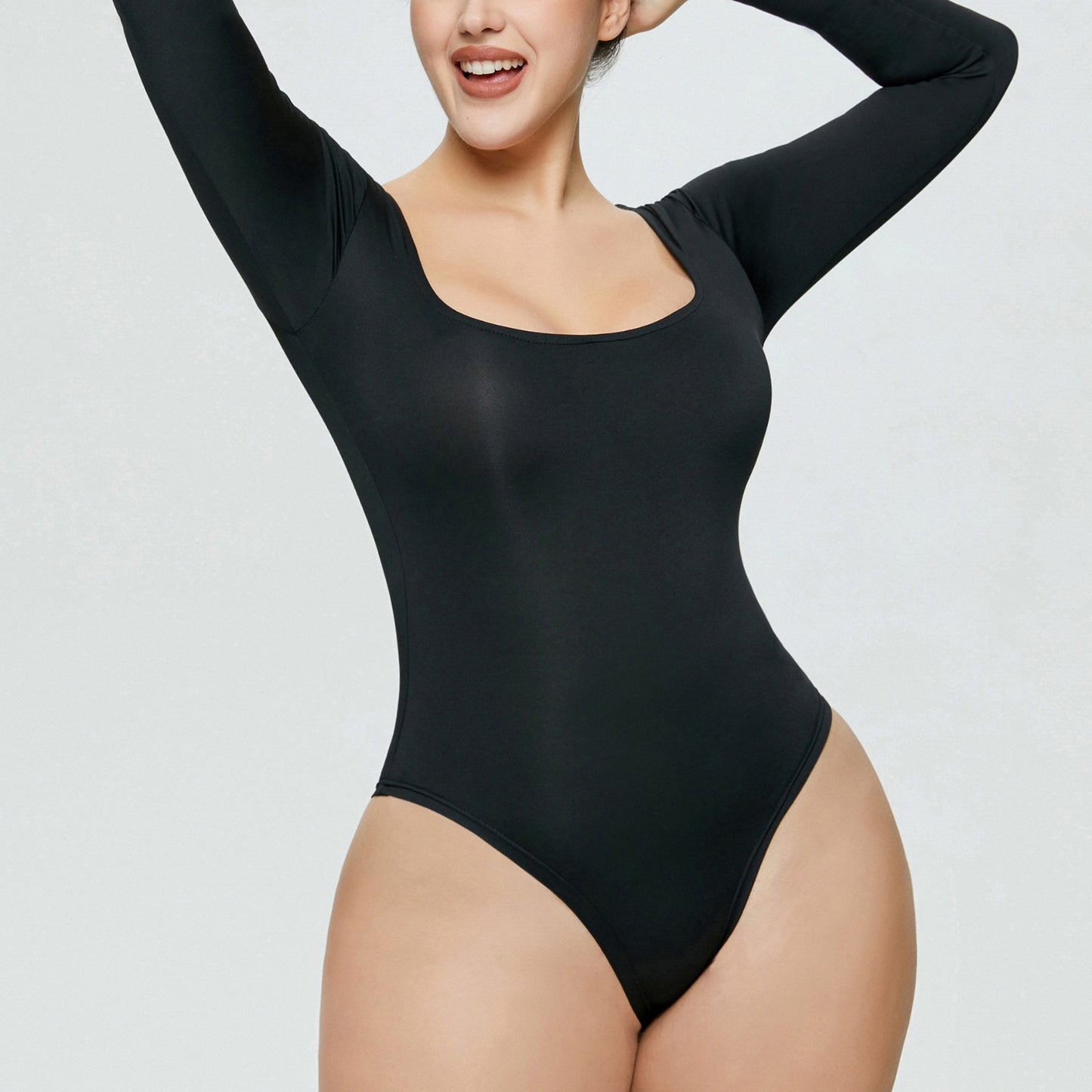 Scoop Neck Butter Bodysuit Full Sleeves : Black