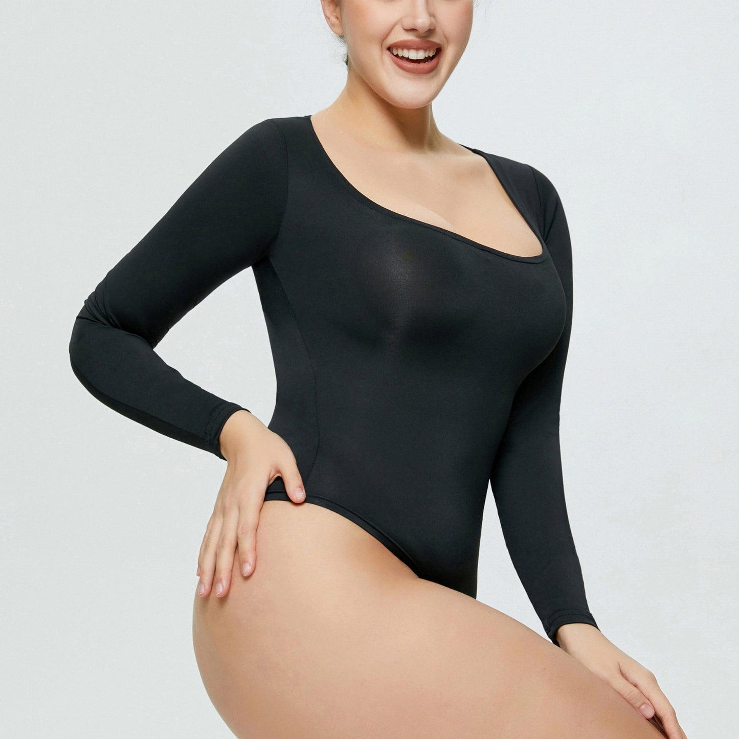 Scoop Neck Butter Bodysuit Full Sleeves : Black