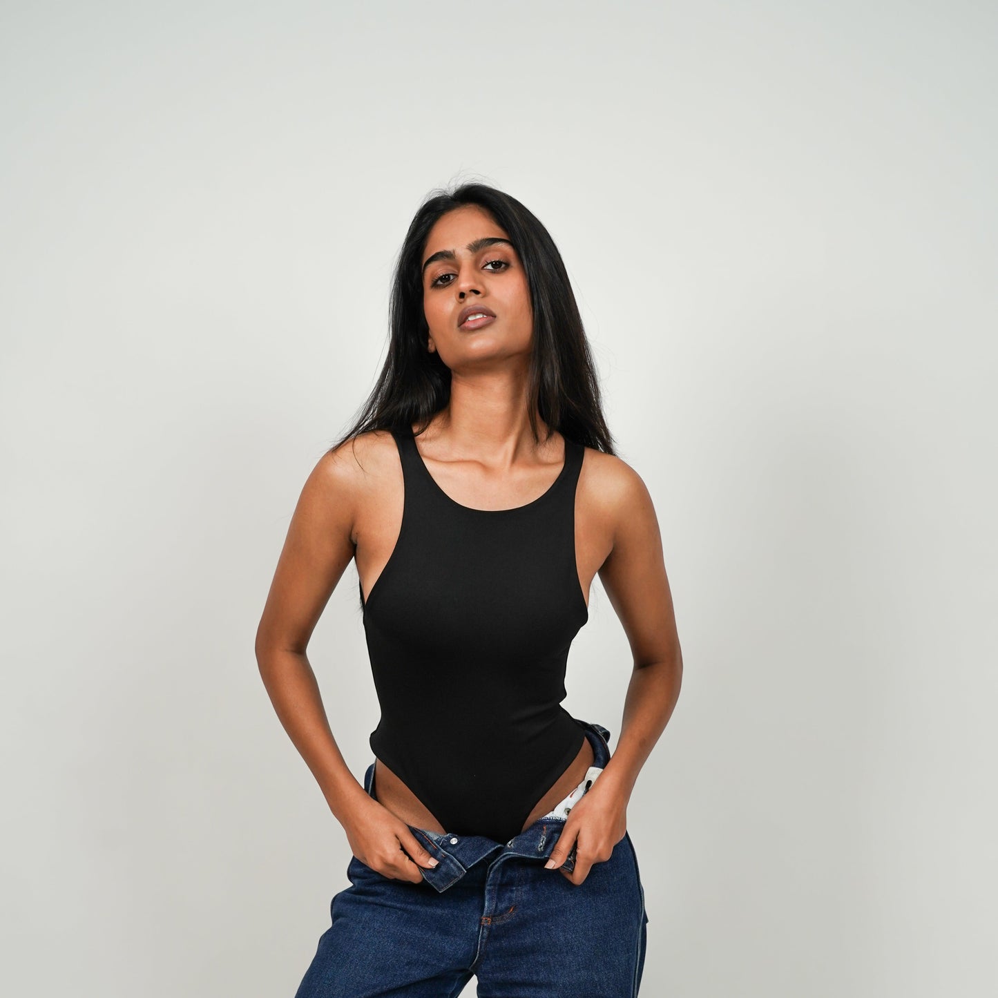 Round Neck Butter Bodysuit Sleeveless : Black