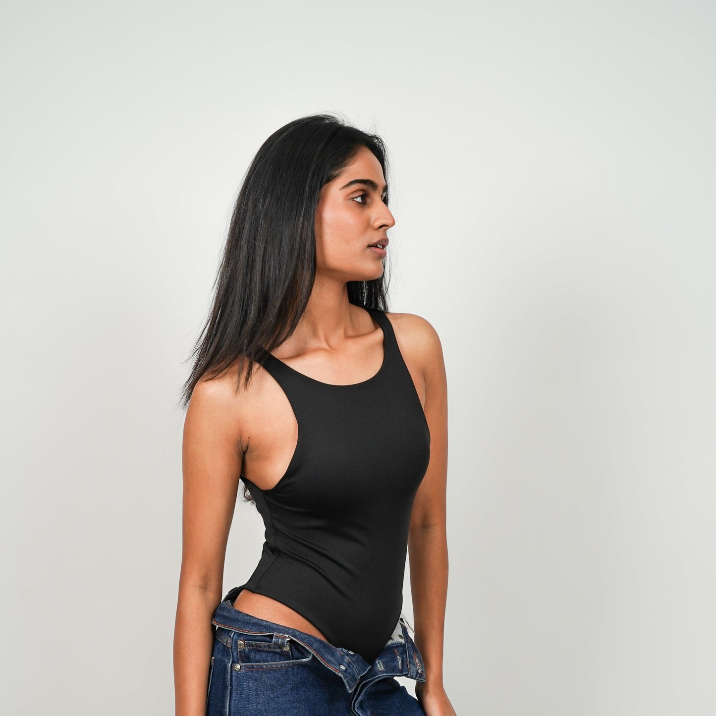 Round Neck Butter Bodysuit Sleeveless : Black