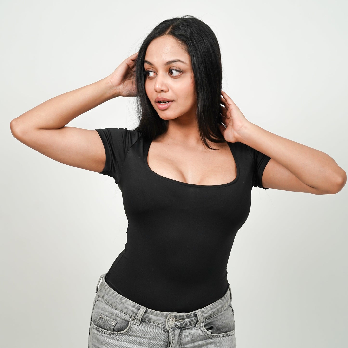 Scoop Neck Butter Bodysuit Half Sleeves : Black