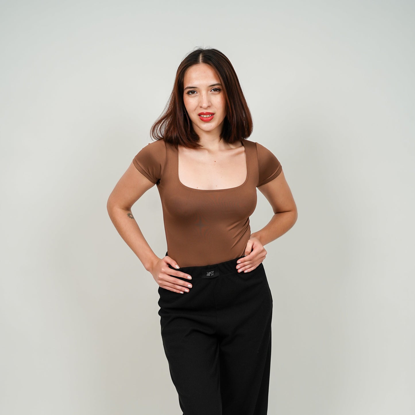 Scoop Neck Butter Bodysuit Half Sleeves : Brown