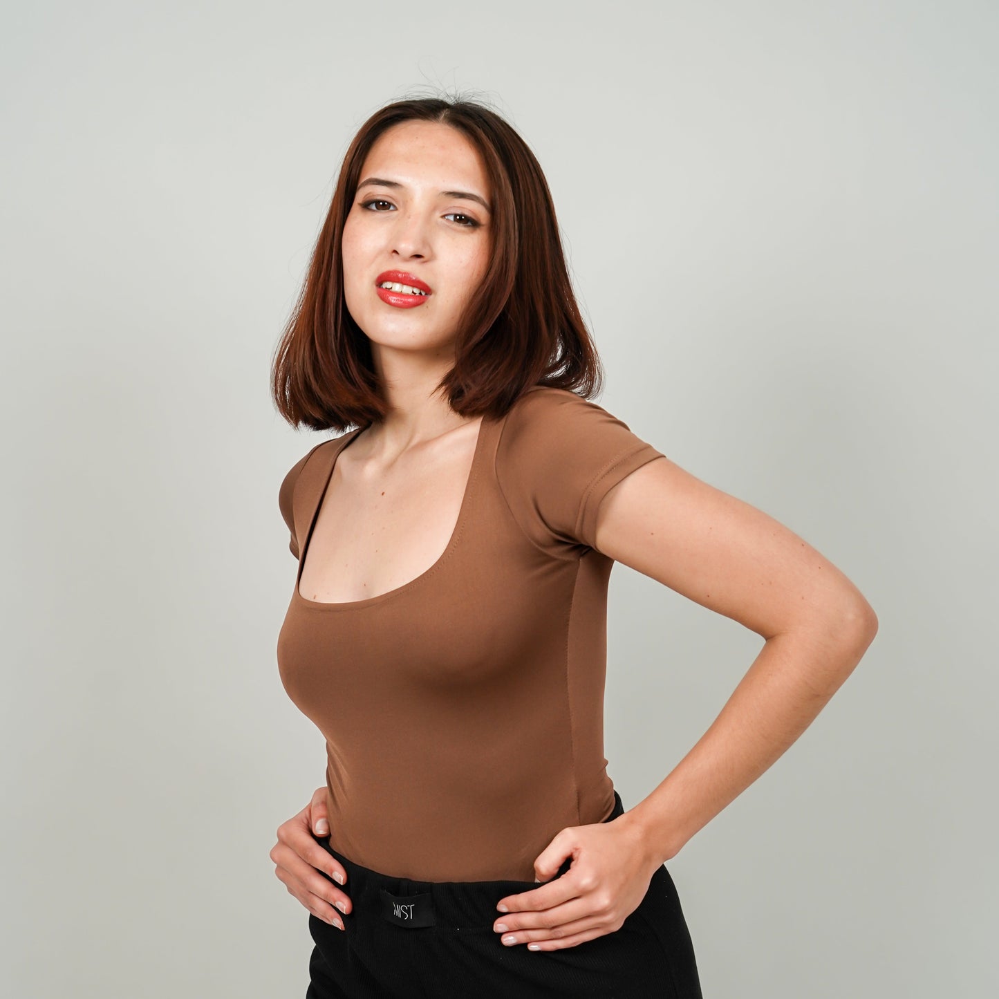 Scoop Neck Butter Bodysuit Half Sleeves : Brown