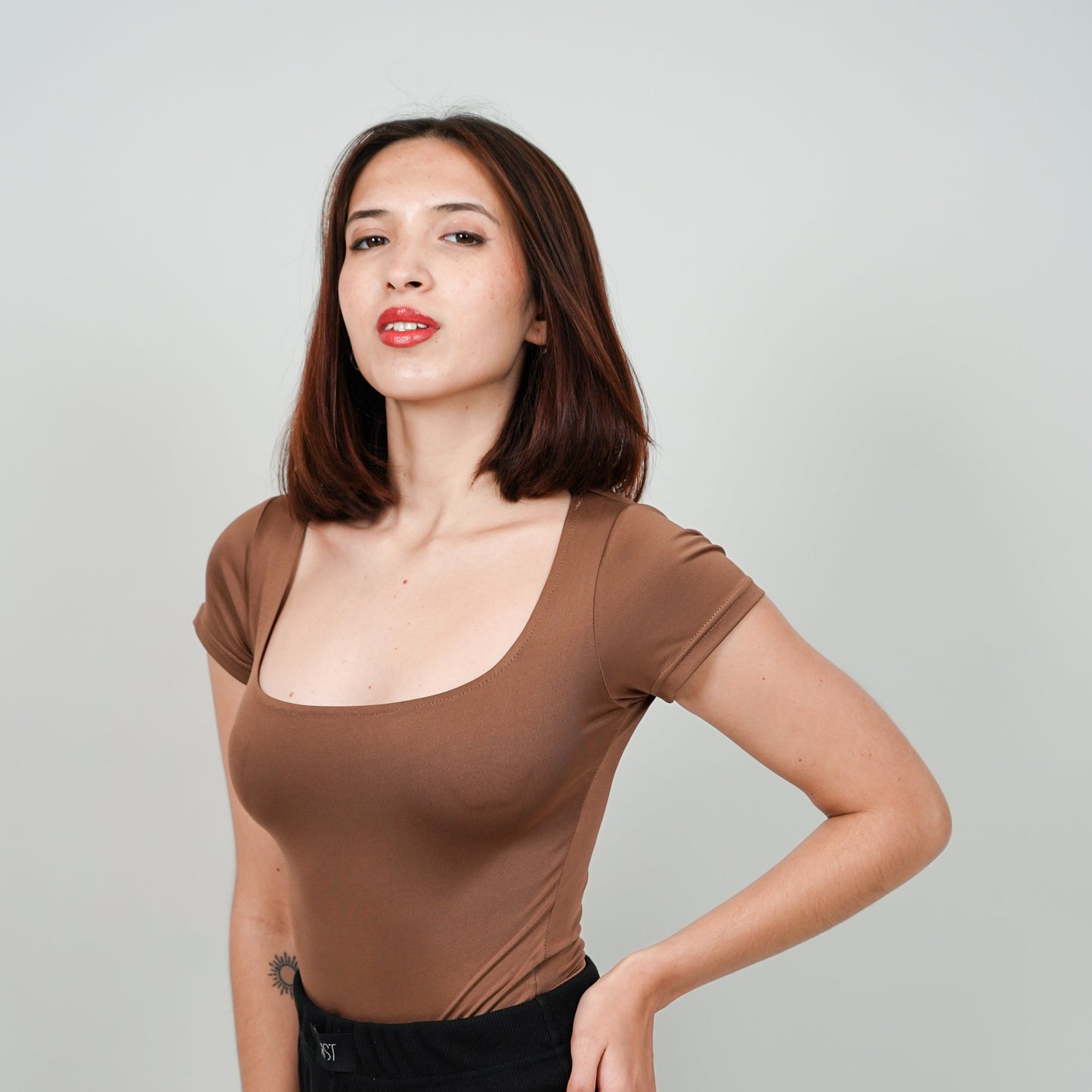 Scoop Neck Butter Bodysuit Half Sleeves : Brown