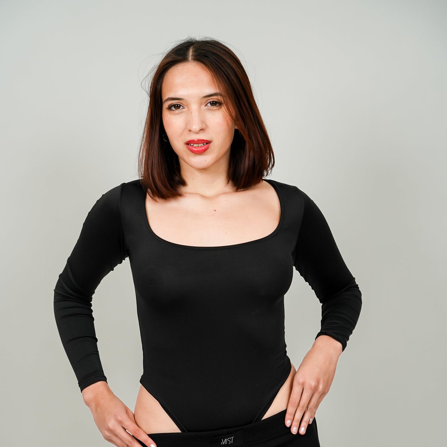 Scoop Neck Butter Bodysuit Full Sleeves : Black