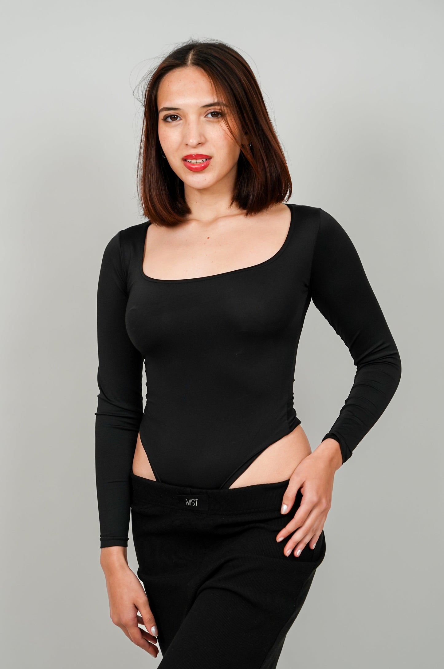 Scoop Neck Butter Bodysuit Full Sleeves : Black